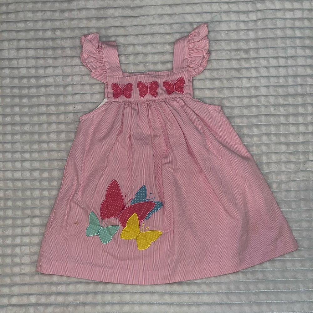 Vintage 90s Samara Pinstripe Butterfly Pink Overall Strap Dress